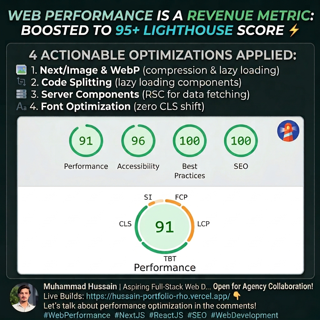 MHussain_WebDev's tweet photo. How to get a 95+ Lighthouse Score on Next.js

Next/Image for auto-WebP compression

Code splitting with dynamic imports

React Server Components to cut bundle size

next/font to stop layout shifts (CLS)

Live build: https://t.co/5ys1Elc8nZ

#WebDevelopment #NextJS #ReactJS https://t.co/p4b8z3H9kZ
