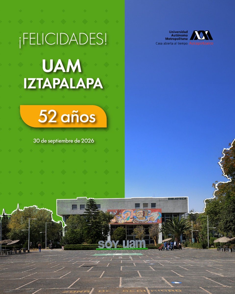 UAMAzcOficial's tweet photo. 🎉 ¡Felicidades, UAM Iztapalapa! 💚

Celebramos 52 años de historia, conocimiento y orgullo. 🎓✨

¡Que sean muchos años más! 🐾 https://t.co/Vf864fBe35