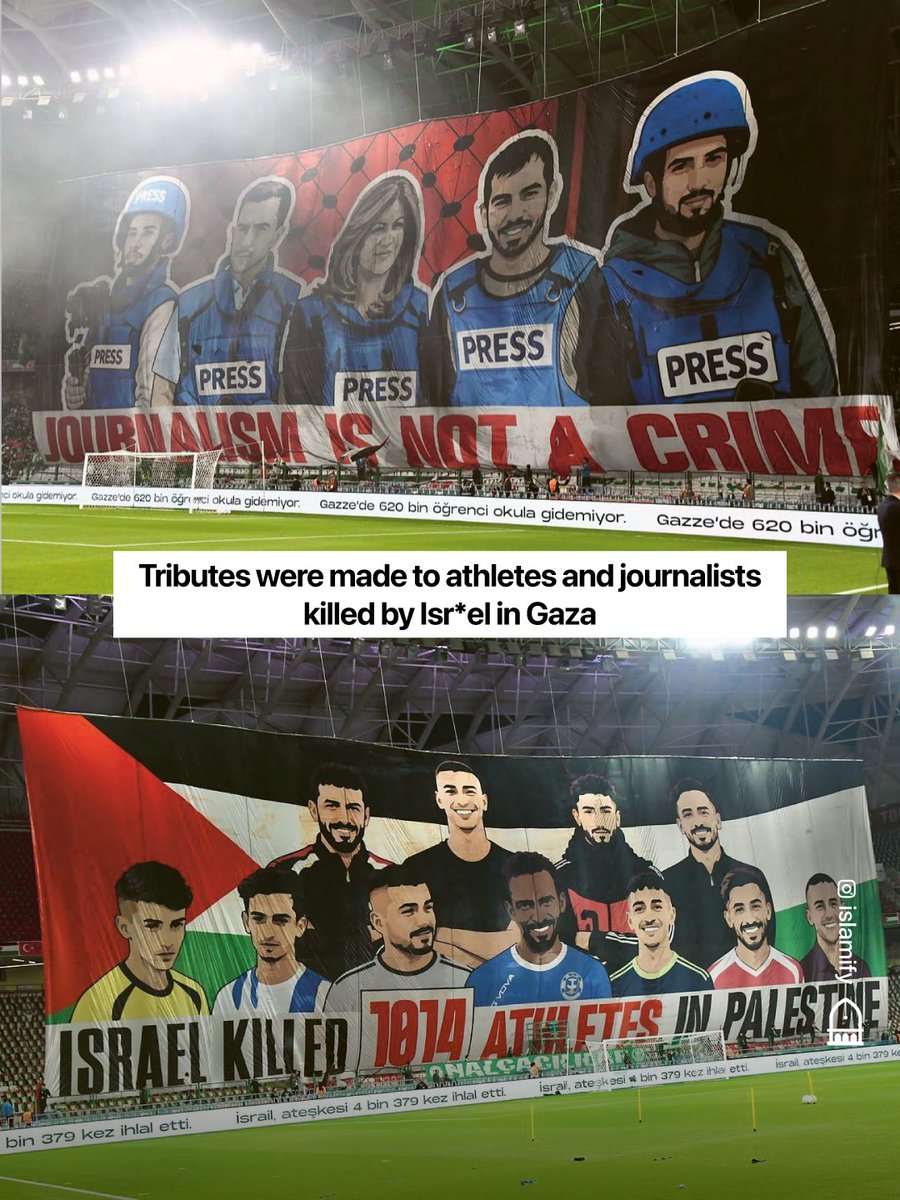 Alhamdhulillaah's tweet photo. Fans of Türkish football club, Konyaspor welcome the Palestinian National Team with a display of solidarity with Gaza.

Tifos were unveiled featuring 1014 athletes and journalists killed by the occupation forces in Gaza, along with an image of Muḥammad al-Durrah who was killed 26 years ago, and “Soul of my soul” Reem with her grandfather Khaled Nabhan.

Before the game started, supporters threw toys onto the pitch which were intended to go to Palestinian children.

The game was postponed at the 89th minute and 59th second of normal game time, as a symbolic gesture, that the game will not end until Palestine is free.