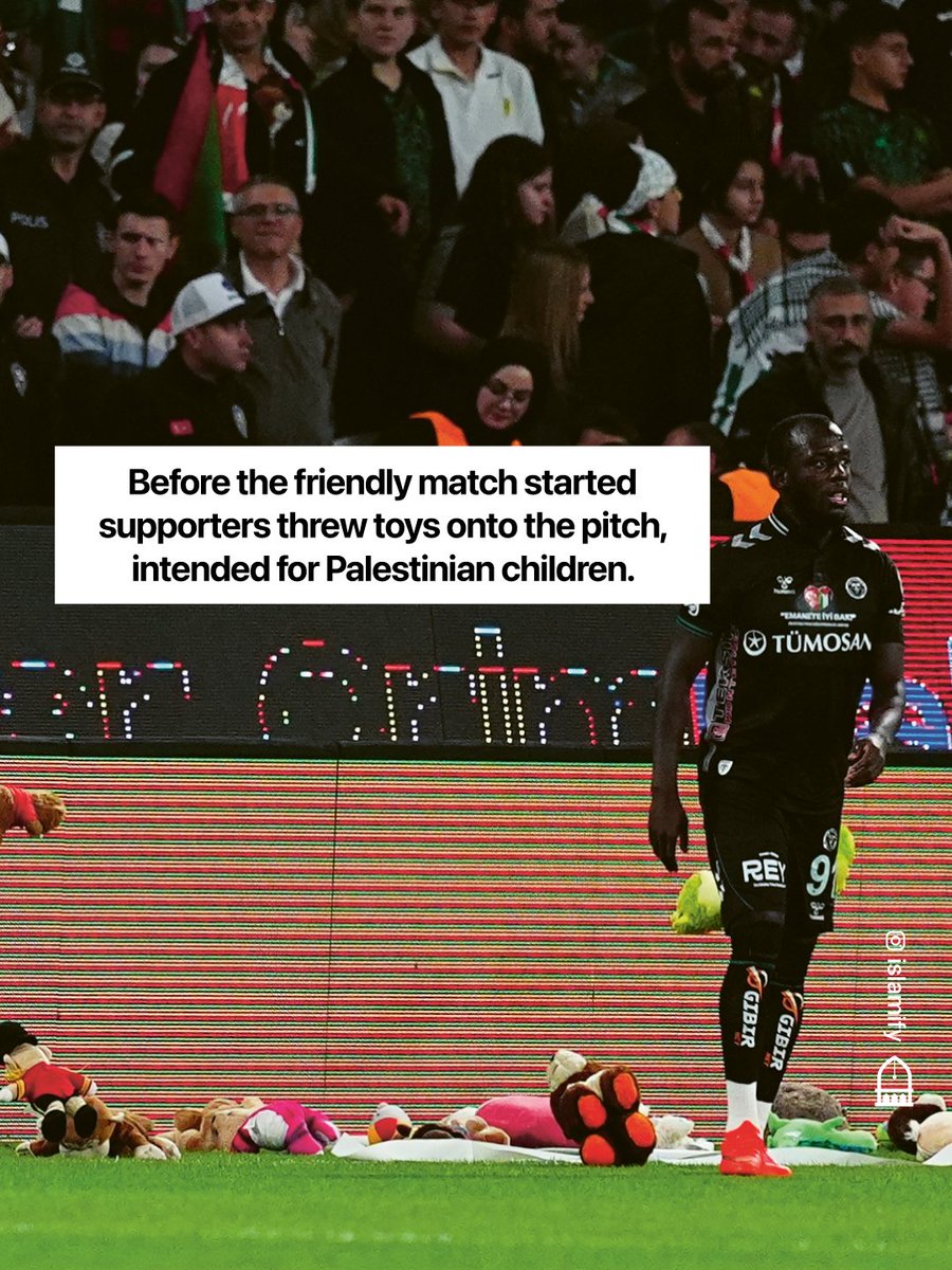 Alhamdhulillaah's tweet photo. Fans of Türkish football club, Konyaspor welcome the Palestinian National Team with a display of solidarity with Gaza.

Tifos were unveiled featuring 1014 athletes and journalists killed by the occupation forces in Gaza, along with an image of Muḥammad al-Durrah who was killed 26 years ago, and “Soul of my soul” Reem with her grandfather Khaled Nabhan.

Before the game started, supporters threw toys onto the pitch which were intended to go to Palestinian children.

The game was postponed at the 89th minute and 59th second of normal game time, as a symbolic gesture, that the game will not end until Palestine is free.