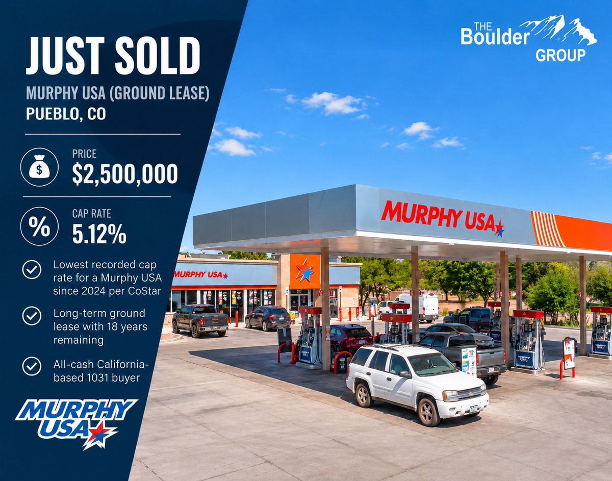 TheBoulderGroup's tweet photo. Just closed: Murphy USA ground lease in Pueblo, CO, for $2.5M.

Lowest recorded Murphy USA cap rate nationally since 2024, per CoStar.

CA 1031 buyer.

#NetLease #STNL #1031Exchange https://t.co/tFTKHoMhiv