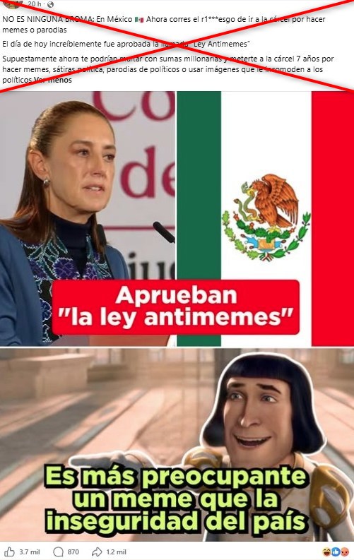 AfpFactual's tweet photo. 🇲🇽 Usuarios en redes afirman que México aprobó una ley que multa con cárcel a quienes publiquen memes del gobierno.

❌ Pero es un dictamen, sujeto a cambios, que propone sancionar el uso de logos institucionales con fines comerciales o fraudulentos.

➡️ https://t.co/ZfiLhRWrxm https://t.co/ogSTBRpA5v