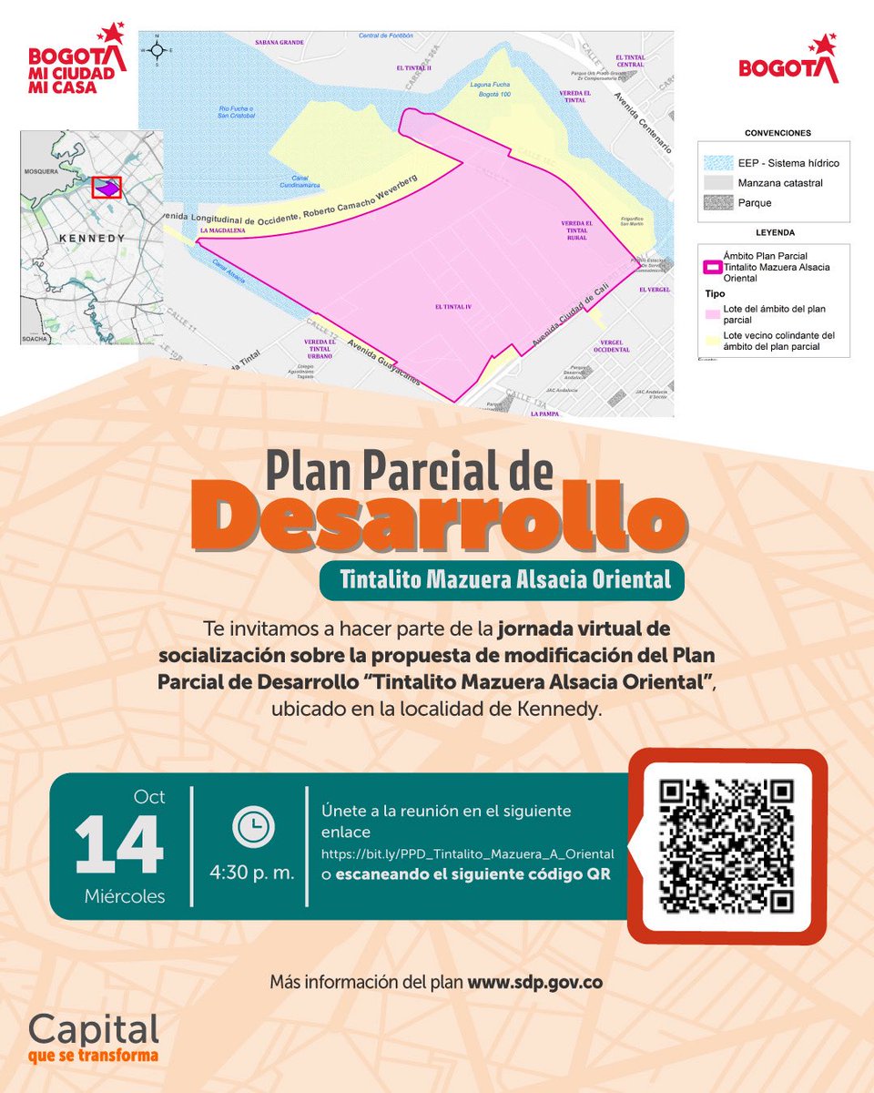 planeacionbog's tweet photo. 📍Kennedy | La Secretaría Distrital de Planeación realizará una jornada virtual de socialización sobre la propuesta de modificación del Plan Parcial de Desarrollo Tintalito Mazuera Alsacia Oriental.

📅 14 de octubre
🕟 4:30 p. m.

🔗 Participa: https://t.co/PoaxdEAjw3 https://t.co/EqN3NVbeHX