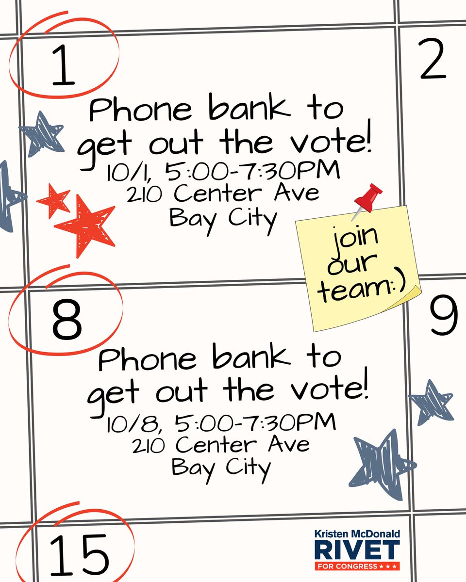 McdonaldRivet's tweet photo. Interested in helping Kristen defend this seat in November? Join us for our next phone bank in Bay City! โค๏ธ๐ค๐
Click the link here to learn more: https://t.co/LvhhPP4K01
#TeamKMR #MI08 https://t.co/gtfrYXu5FH