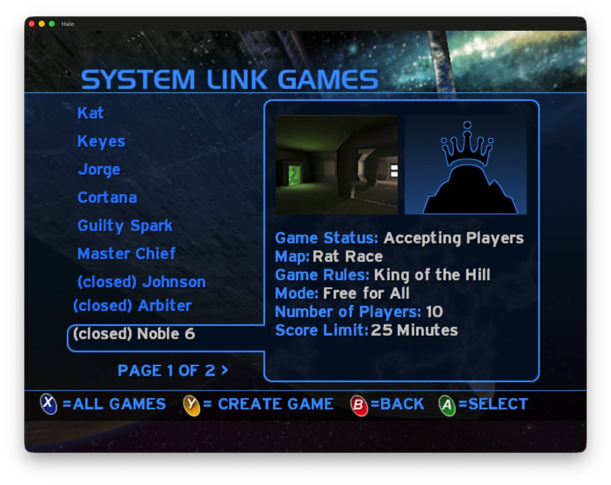 dtoxmilenko's tweet photo. Working on building a dedicated server list, as well as in game server browser for the Halo CE decomp. Screenshots are from emulated data I was serving to test things.

We just completed the very first game running on a headless version of the decomp build. It announced the game, people were able to join, and it stashed a post game carnage report :)

https://t.co/WjAD5IiN90