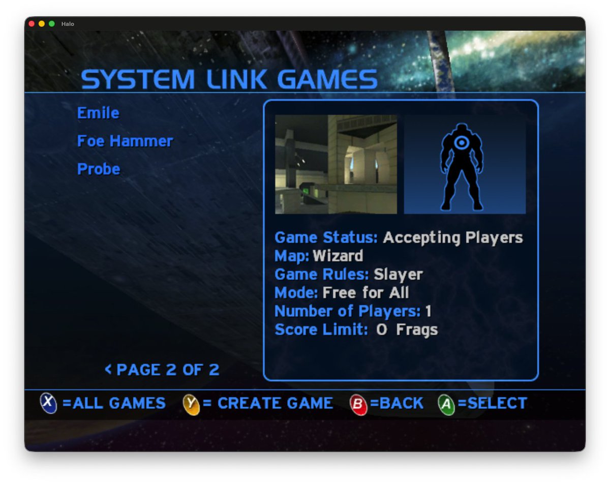 dtoxmilenko's tweet photo. Working on building a dedicated server list, as well as in game server browser for the Halo CE decomp. Screenshots are from emulated data I was serving to test things.

We just completed the very first game running on a headless version of the decomp build. It announced the game, people were able to join, and it stashed a post game carnage report :)

https://t.co/WjAD5IiN90
