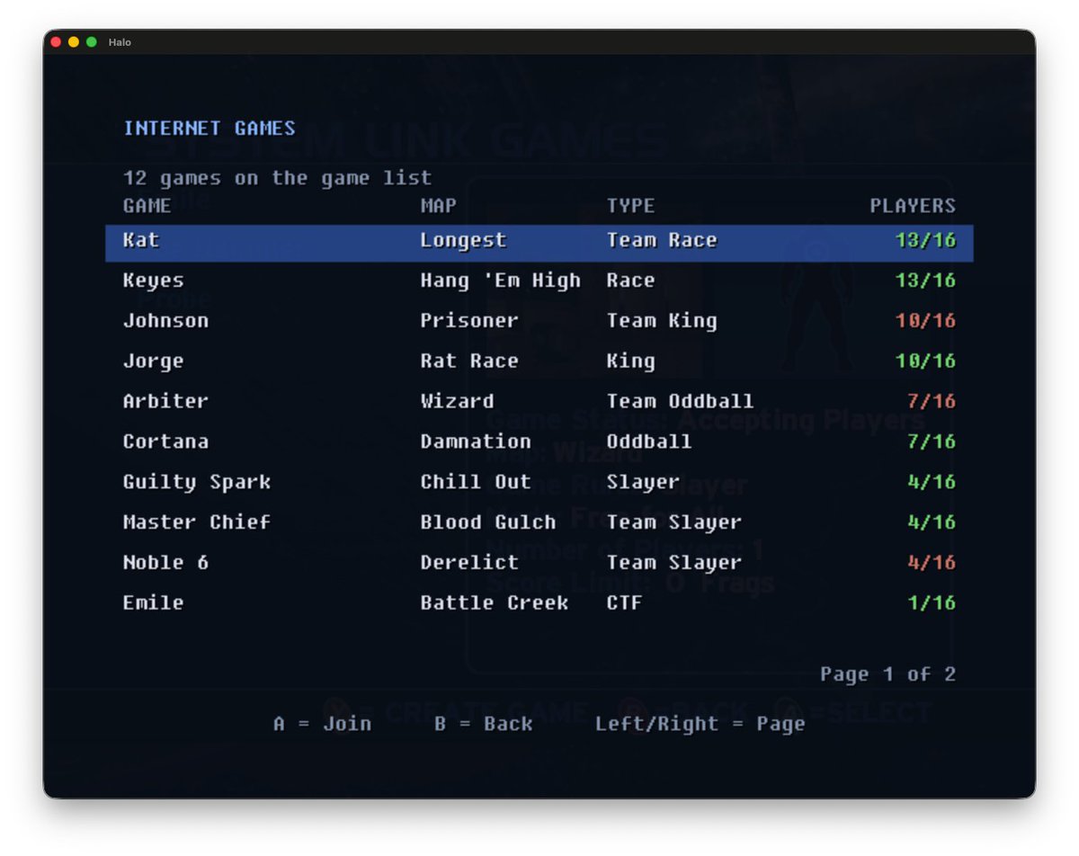 dtoxmilenko's tweet photo. Working on building a dedicated server list, as well as in game server browser for the Halo CE decomp. Screenshots are from emulated data I was serving to test things.

We just completed the very first game running on a headless version of the decomp build. It announced the game, people were able to join, and it stashed a post game carnage report :)

https://t.co/WjAD5IiN90