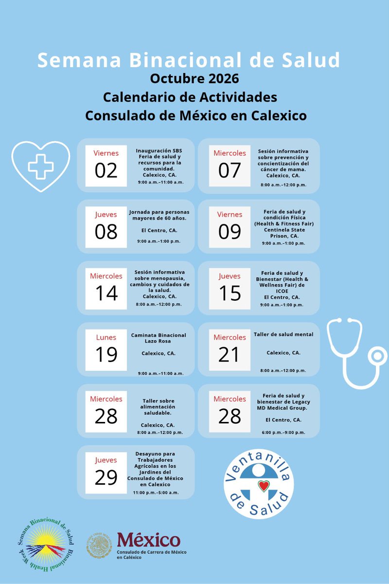 ConsulMexCal's tweet photo. 🩺❤️ ¡Estés donde estés, tu salud nos une!
Participa en las actividades de la Semana Binacional de Salud 2026 que hemos preparado para ti y tu familia.
📅 Durante todo octubre
✨ ¡Todos los eventos son gratuitos!
#SBS2026 #VDS
Consulta el calendario👇 https://t.co/7xU8JBppsi