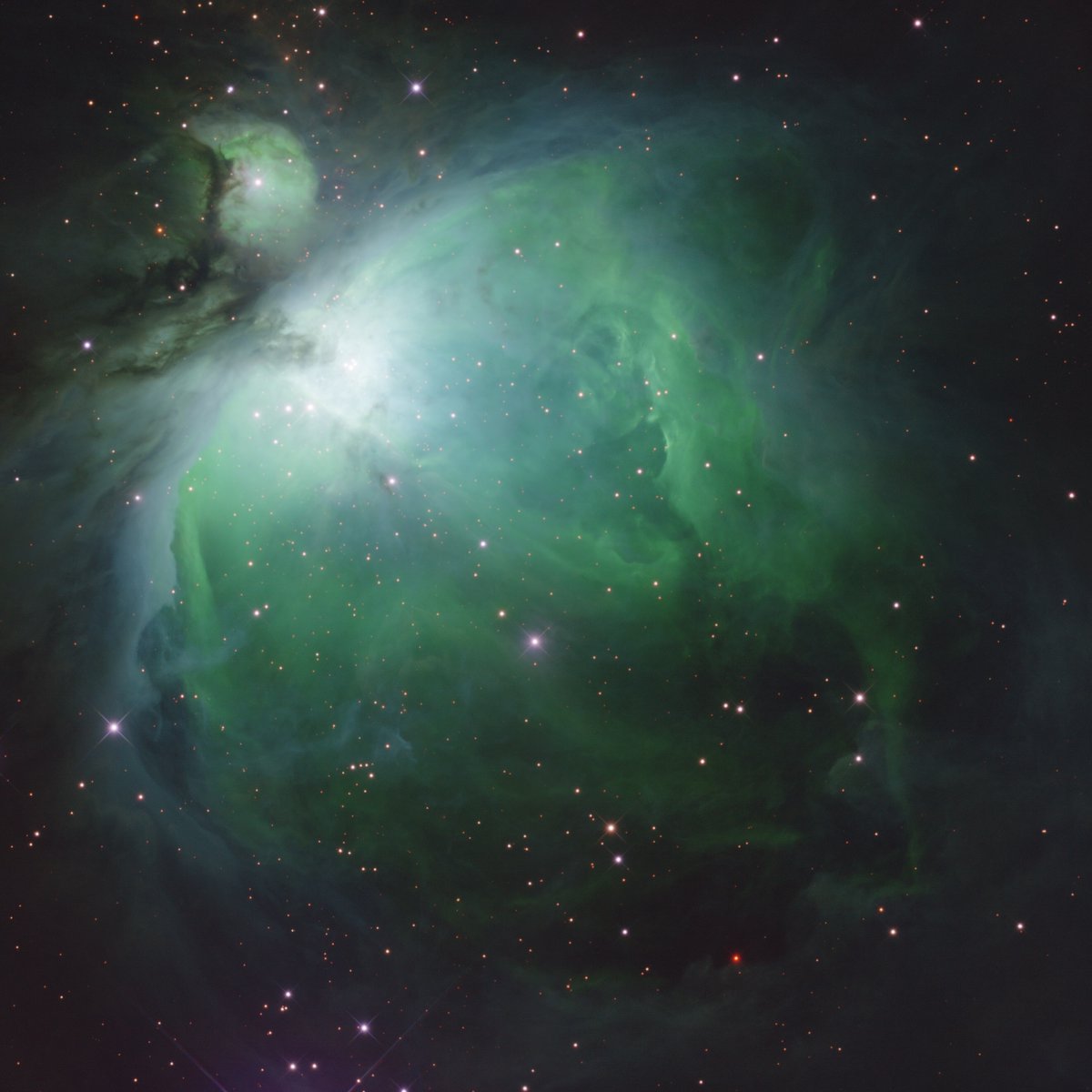 InterestingHOF's tweet photo. If you could see into the near infrared, the Orion Nebula might look something like this. This multiband study of the Orion Nebula covered the near infrared, red, green, and blue bands along with H-alpha and [O III] emission.

Brainandforce, 2026 https://t.co/yuVkJsQKpM