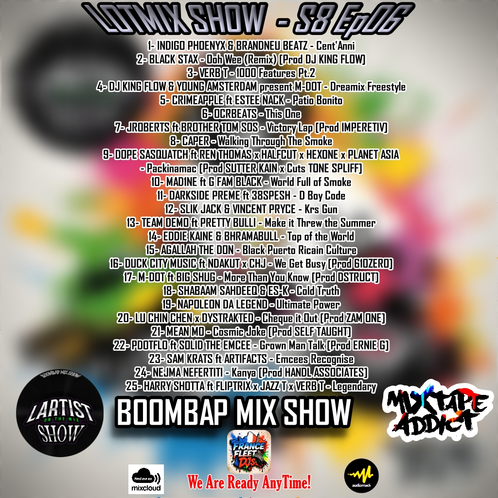 dj_Lotmix's tweet photo. 🚨NEW LOTMIX SHOW-S8Ep06 by @dj_lotmix ft @DJKingFlow @napoleon_legend @IndigoPhoenyx @ruggedtriad @Blackstax @realverbt @MDotBoston @__CRIMEAPPLE__ @imperetiv @MAD1ONE @SlikJack @bhramabull @ShabaamSahdeeq @nejmanefertiti @HarryShotta &amp;more

🎧https://t.co/f0ZyuLE51I https://t.co/UhmUGUBB2m