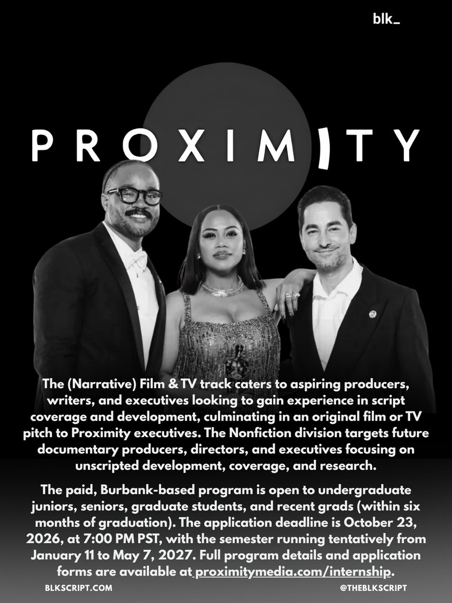 theblkscript's tweet photo. Ryan Coogler’s Proximity Media has officially opened applications for its Spring 2027 internship program.
The application deadline is Oct 23, 2026, at 7 PM PST, with the semester running tentatively from January 11 to May 7, 2027. Full details at https://t.co/9TyICWOdyT https://t.co/fvoFZNx4zZ