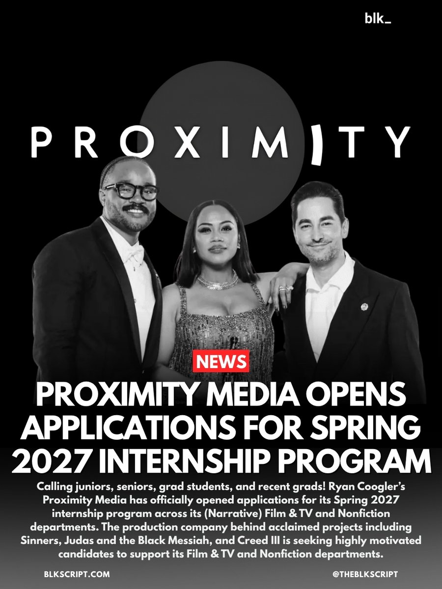 theblkscript's tweet photo. Ryan Coogler’s Proximity Media has officially opened applications for its Spring 2027 internship program.
The application deadline is Oct 23, 2026, at 7 PM PST, with the semester running tentatively from January 11 to May 7, 2027. Full details at https://t.co/9TyICWOdyT https://t.co/fvoFZNx4zZ