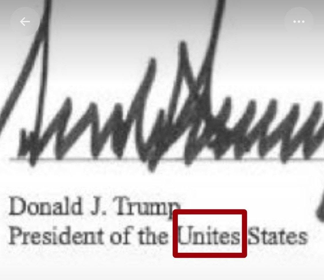 PaulGoldEagle's tweet photo. Spelling mistakes matter.

U.S. President Trump and tech giants signed a pact on cybersecurity on Tuesday, but the document contained a spelling error.

“United States” was misspelled as ✨“Unites States.”✨

Unites States = united states 

So will cybersecurity unite all the countries in the world?💝☮️✝️🩵

H/T Betteanne Camagna