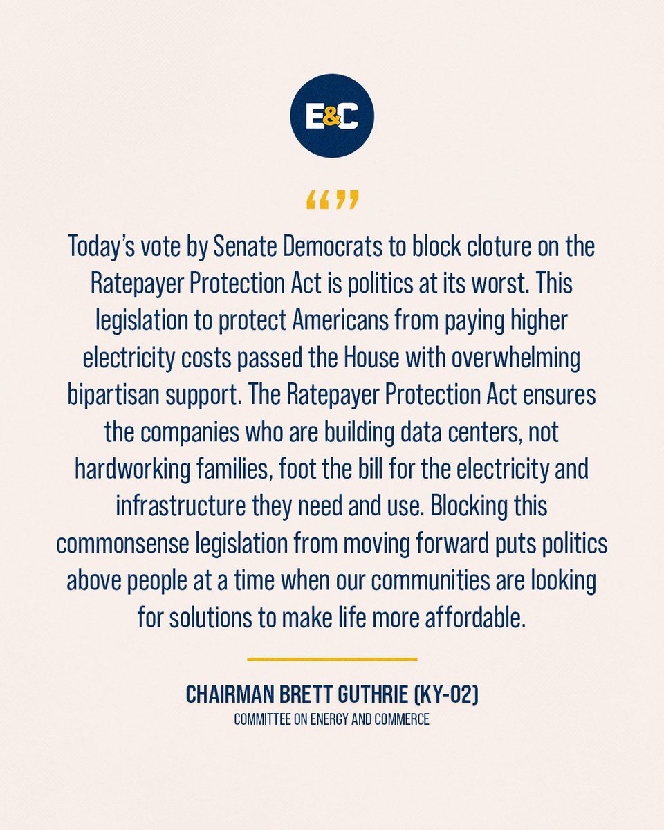 HouseCommerce's tweet photo. .@RepGabeEvans’ and @SenJonHusted’s Ratepayer Protection Act passed the House with overwhelming bipartisan support, but Senate Democrats just blocked it, leaving American families exposed to higher electricity costs.

This shouldn’t be a partisan issue, but Senate Democrats are choosing to play politics rather than protect their local communities.