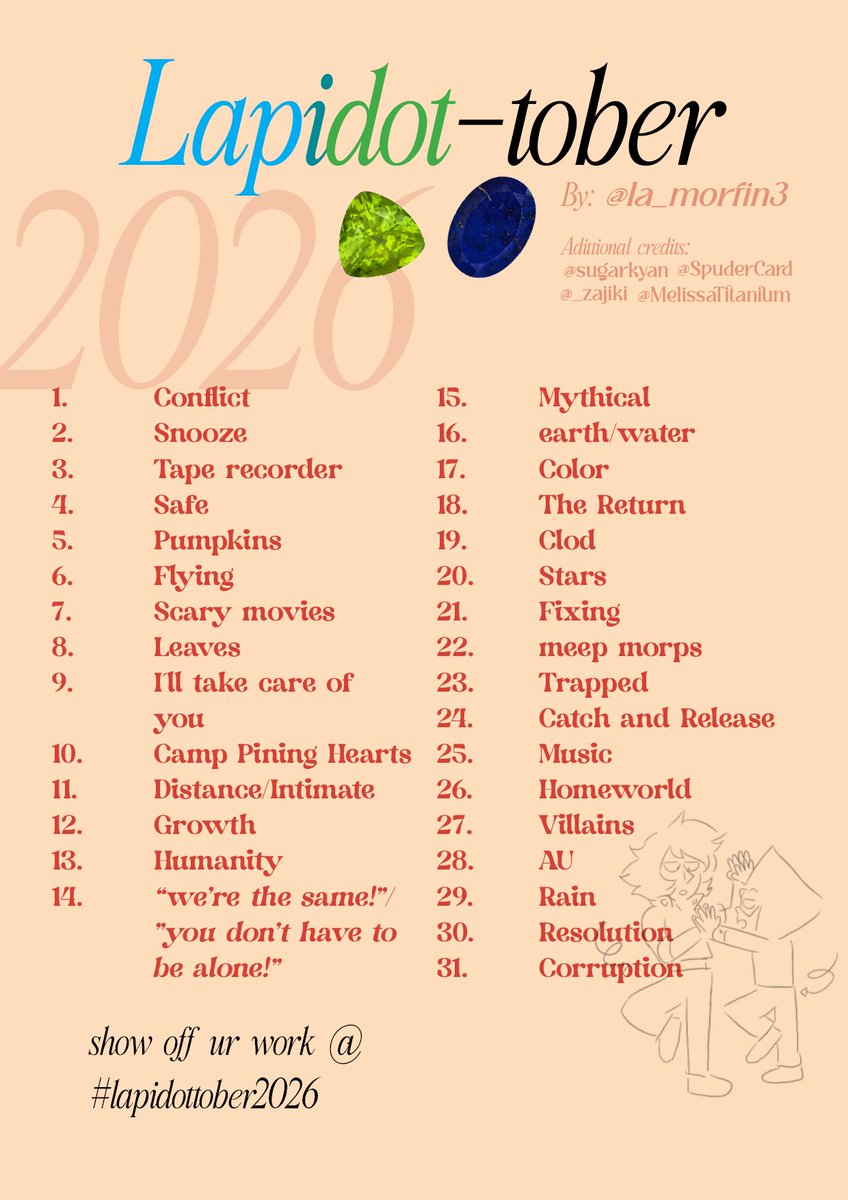 la_morfin3's tweet photo. actually whipped out indesign for this but HERE IT IS: A Lapidot-tober prompt list by yours truly!!! any Lapidot enthousiast can join in from any medium and level. dont forget to use the tag #lapidottober2026 💥💥💥 https://t.co/RGx4gYcIDl