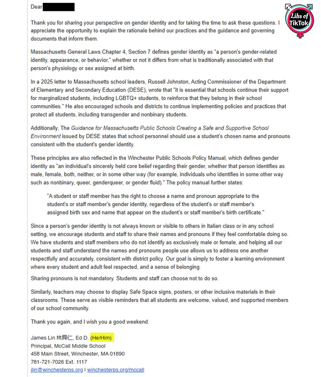 libsoftiktok's tweet photo. WOKE MA Principal ADMITS to Pushing LGBTQ Agenda on Children

Emails from James Lin, the Principal of McCall Middle School, reveal that he APPROVED the display of the "LGBTQ Identity" banner to create an "inclusive school community."

He also details how he implements radical gender ideology policies at school and ENCOURAGES teachers and students to share made-up pronouns and display LGBTQ material.

This entire district needs to be investigated @usedgov