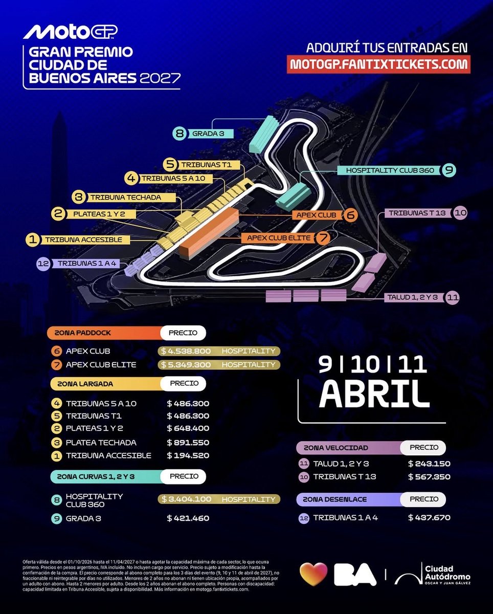 Corazondef1's tweet photo. GRAN PREMIO CIUDAD DE BUENOS AIRES 2027 

Se conocen el valor de las entradas para el fin de semana 

Del 1 al 7 de octubre hay preventa exclusiva para clientes de Banco Ciudad con hasta 6 cuotas sin interés, y desde el 8 se abre la venta al público general. 

*Web oficial y único canal oficial del evento* 👉 https://t.co/ZEOgeE35X2