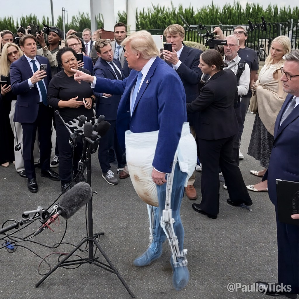 PaulleyTicks's tweet photo. An X-ray camera analyzing President Trump's unusual leg positioning during a press conference this morning, revealed an elaborate exo-skeletal structure surgically implanted into the President's body, to theoretically add extra support for what appears to be an industrial sized diaper.