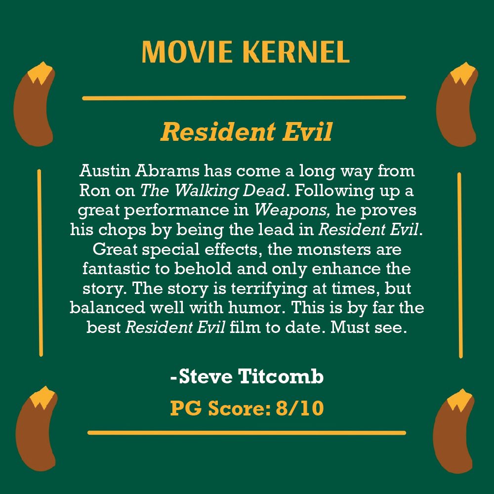 PGPopCulture's tweet photo. Resident Evil does not disappoint, firmly establishing itself as the best film adaptation of the legendary video game franchise, says @Steves_brainbox 

#residentevil #filmreview #horror #austinabrams #horrornerd #filmtwitter https://t.co/Te8obxzLOK