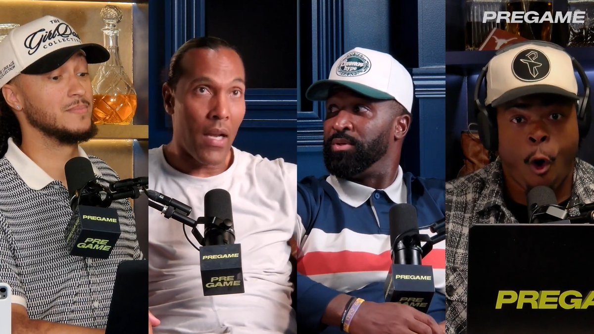 A split-screen of four podcast hosts on the 'PREGAME' show, including one wearing a 'The Girl Collection' cap, with microphones visible in each panel.
