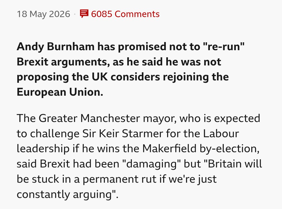 BenGrahamUK's tweet photo. Andy Burnham lied to the people of Makerfield to become their MP.

During the by-election campaign, he repeatedly reassured voters that he would NOT seek to take Britain back into the EU.

He knew Makerfield had voted heavily to Leave. He knew exactly what he needed to say to win their trust and their votes.

Now he’s Prime Minister, the mask has slipped.

Rejoining the EU is suddenly back on the table, and Burnham is openly discussing the possibility of putting it in Labour’s 2029 manifesto.

In my view, he told the people of Makerfield what they wanted to hear to get himself back into Parliament.

That is a disgraceful abuse of voters trust.