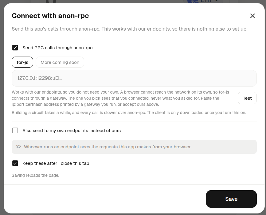 0xpatata's tweet photo. Our tor support now uses anon-rpc developed by @ethereumfndn 

what this means: 
-> anon-rpc was built to support multiple providers, not just tor, so when support for more private VPNs are added (eg. @Gnosis_VPN), you'll get them for free on @0xprivacypools v2

Our quest to make onchain privacy effortless continues 😎