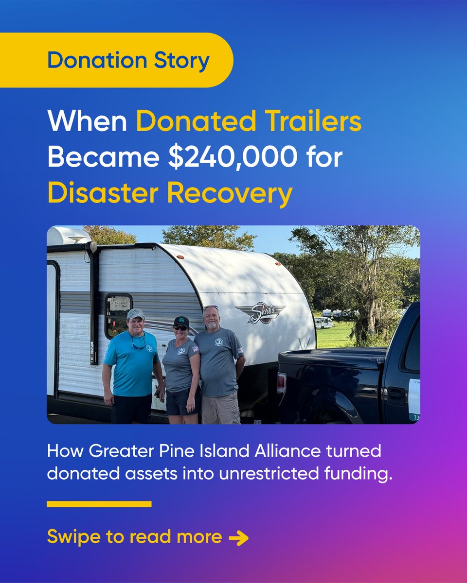 charitableauto's tweet photo. When Greater Pine Island Alliance received donated travel trailers, they turned them into more than $240K in funding to support home repairs, recovery coordination, and evolving community needs for disaster survivors. 

Read the full story: https://t.co/bCBQFzJrgs

#cars4good https://t.co/wzmydHciG0