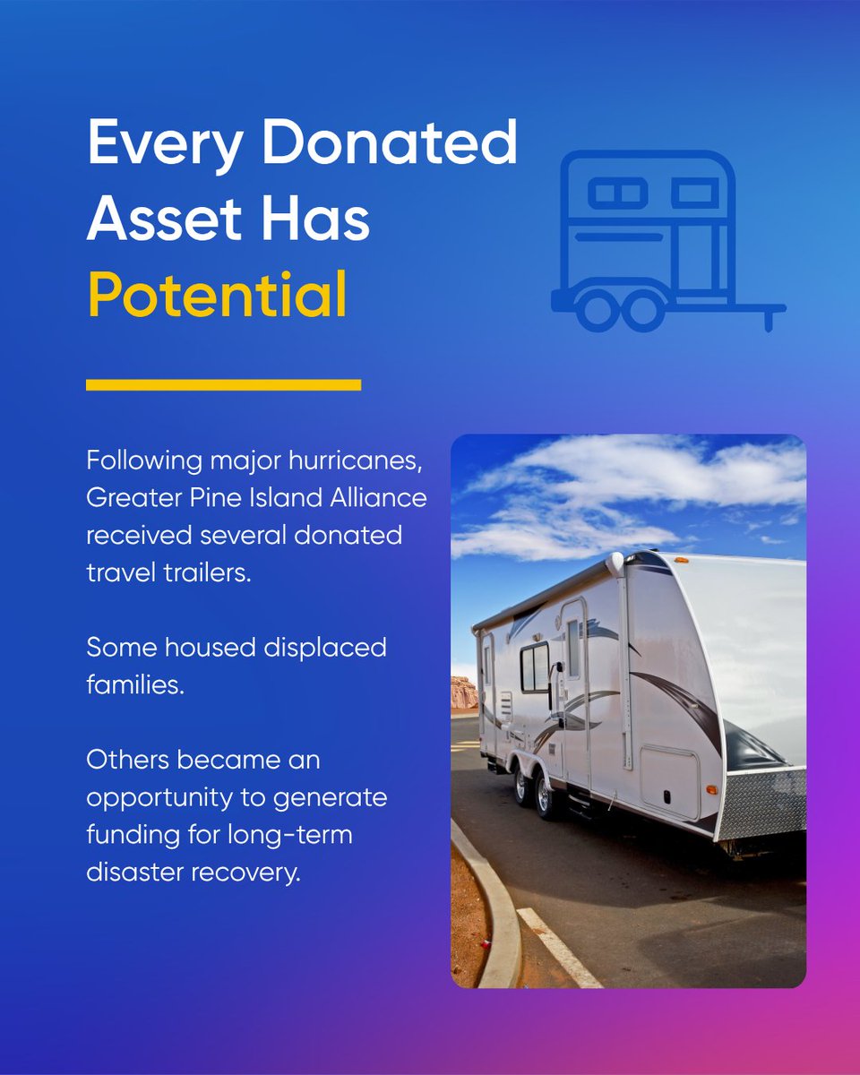charitableauto's tweet photo. When Greater Pine Island Alliance received donated travel trailers, they turned them into more than $240K in funding to support home repairs, recovery coordination, and evolving community needs for disaster survivors. 

Read the full story: https://t.co/bCBQFzJrgs

#cars4good https://t.co/wzmydHciG0