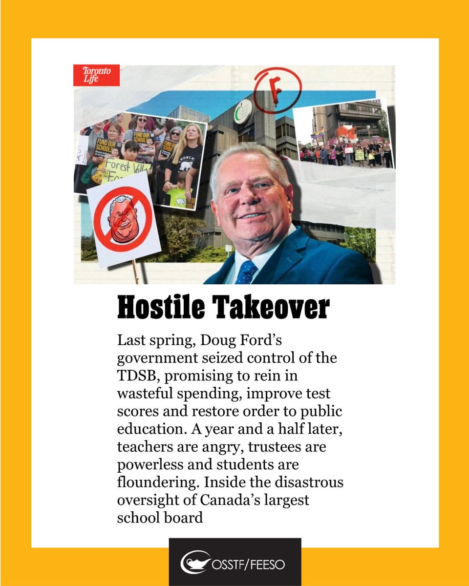 osstf's tweet photo. Toronto Life just published a deep dive into what’s happening inside the TDSB under provincial supervision.

The Ford government says the problem is overspending.

But as Toronto Life reports, “most experts argue that the TDSB actually suffers from chronic underfunding.”

And what has provincial supervision delivered?

✂️ Hundreds of administrative, teaching and support positions cut. 
🚫 Cafeterias and outdoor education programs closed. 
❌ Dedicated classes for students with special needs eliminated.

Toronto Life describes the province’s approach as a “DOGE-style slash and burn.”

This is one school board, but the story will sound familiar to teachers, education workers, students, and families across Ontario: fewer staff, fewer supports and fewer resources in schools already being asked to do more with less.

Check out the full article at Toronto Life: https://t.co/dfChFwl089 

We’ll be sharing more from this important investigation.

#OSSTF #OntEd #OnPoli