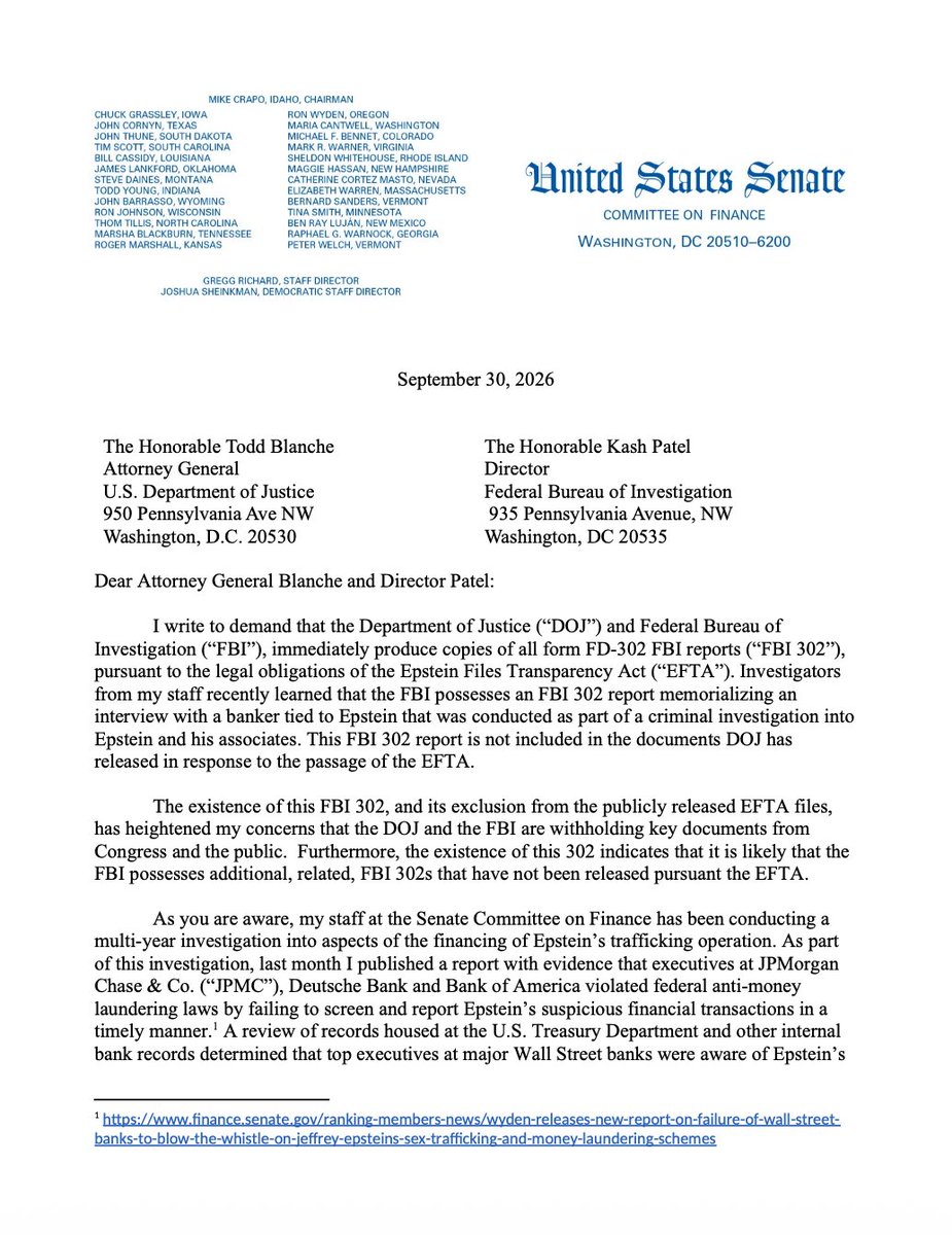AaronParnas's tweet photo. EXCLUSIVE: The Trump DOJ is violating the Epstein Files Transparency Act by hiding the FBI 302s memorializing an interview with a banker tied to Jeffrey Epstein. 

Why? To protect powerful people on Wall Street and in the big banks, per this new letter from @RonWyden. https://t.co/pM0s2Dlzbn