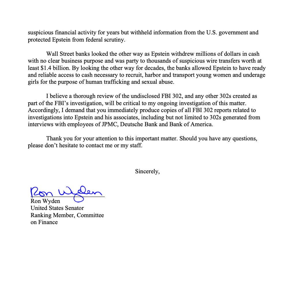 AaronParnas's tweet photo. EXCLUSIVE: The Trump DOJ is violating the Epstein Files Transparency Act by hiding the FBI 302s memorializing an interview with a banker tied to Jeffrey Epstein. 

Why? To protect powerful people on Wall Street and in the big banks, per this new letter from @RonWyden. https://t.co/pM0s2Dlzbn