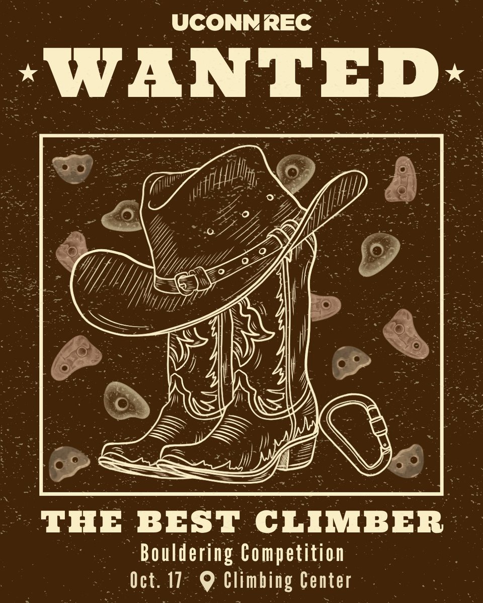 UConnRec's tweet photo. 🤠 Saddle up! The Wild West is coming to the Climbing Center.

🐎 Fall Bouldering Competition
📅 Saturday, October 17
📍 Climbing Center

Take on the challenge and join the fun! Register at https://t.co/cwQW0FIOs4 https://t.co/jkb0BQhIGG