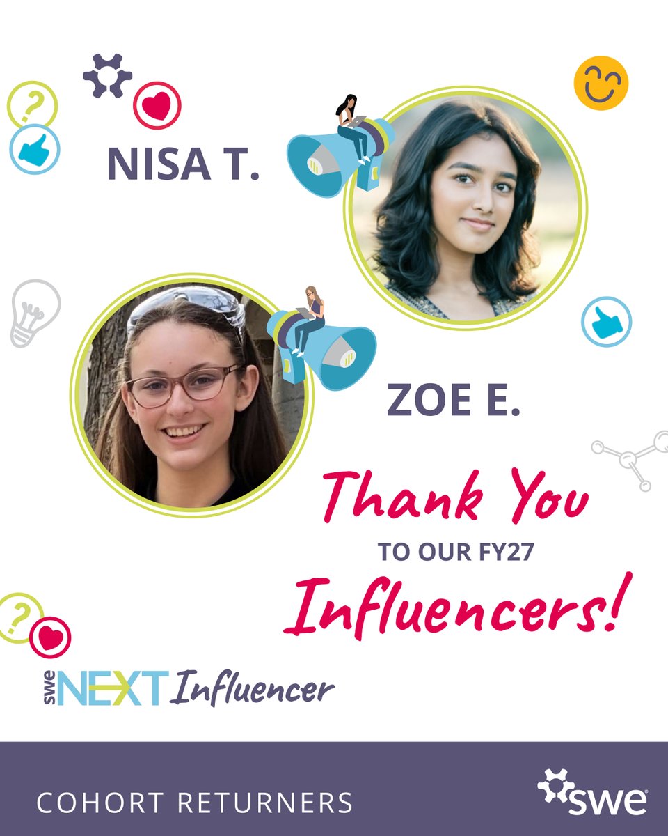 SWENext's tweet photo. They’re back! 🎉

Eight SWENext Influencers are returning for FY27 to continue sharing their voices, experiences and love of STEM with the SWENext community. 💜

We can’t wait to see what they bring to the program this year!

#SWENext #SWENextInfluencer https://t.co/Pcjl9J6pMa