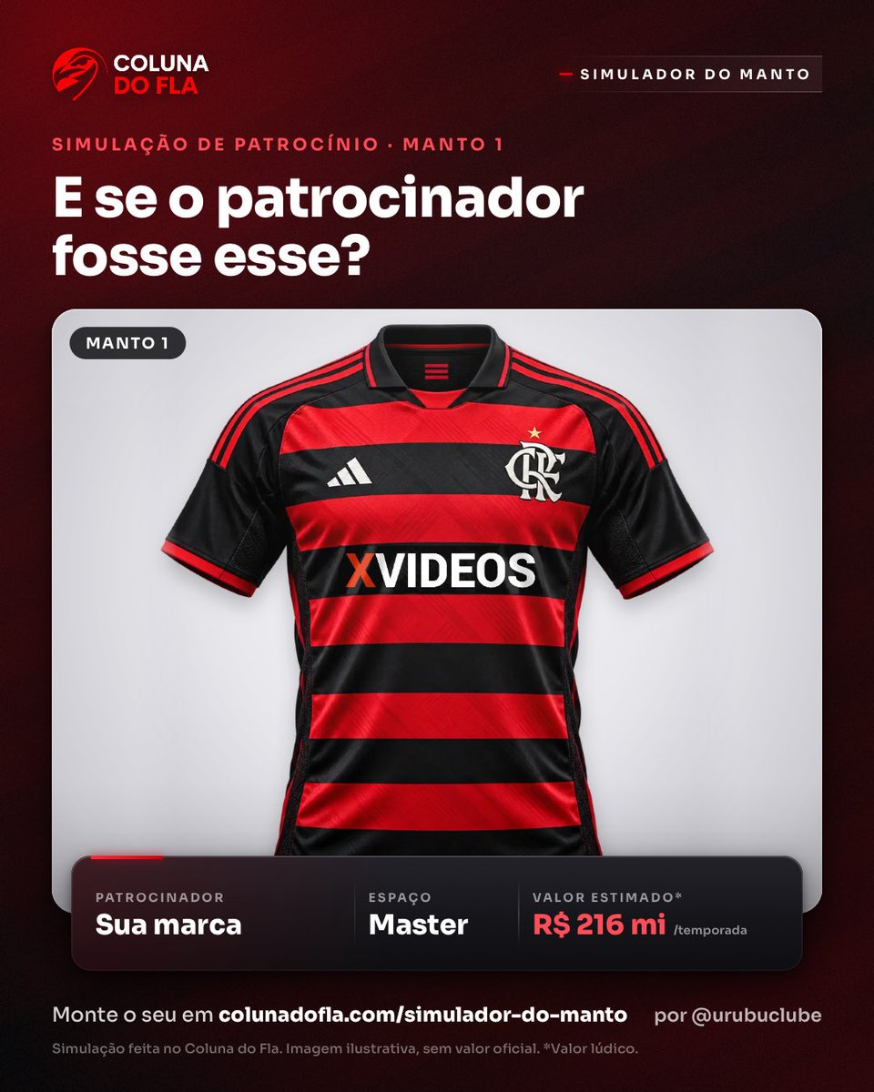 urubuclube's tweet photo. Já que virou p*taria mesmo… coloca esse no peito e o outro que especularam nas mantas 😅

Usei a ferramenta do Coluna do Fla pra simular. Dá pra colocar logo ou texto. 

Vou mandar o link nos comentários…

#flamengo #crf #colunadofla @colunadofla https://t.co/p7TZYqQ3Zc