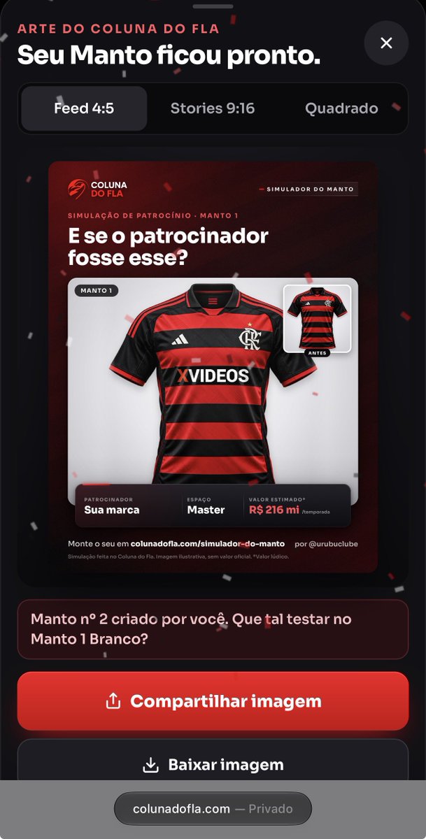 urubuclube's tweet photo. Já que virou p*taria mesmo… coloca esse no peito e o outro que especularam nas mantas 😅

Usei a ferramenta do Coluna do Fla pra simular. Dá pra colocar logo ou texto. 

Vou mandar o link nos comentários…

#flamengo #crf #colunadofla @colunadofla https://t.co/p7TZYqQ3Zc