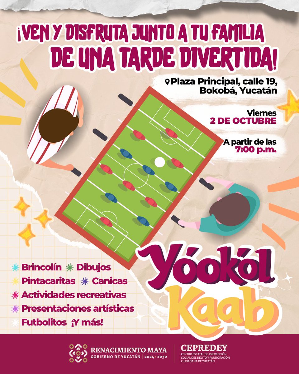 cepredey's tweet photo. ¡La diversión se vive en familia! 🧑‍🧑‍🧒‍🧒
Te invitamos a disfrutar de una tarde llena de juegos, arte, deporte y mucha convivencia. 🫶🏼
¡Ven y sé parte de Yóok’ol Kaab! 💖 https://t.co/gyl4SQd7o9