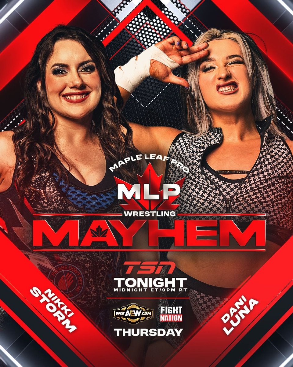 MapleLeafPW's tweet photo. Which match steals the show on the final #MLPMayhem before Northern Rising?

- All star 10 Man Tag
- @NikkiStorm08 vs @DaniLuna_pro
- Natural Classics (@TomeFilip &amp; @StevieFilip) vs Subculture (@flash_morgan &amp; @mandrewsjunior)
- Rudra (@bhupindergujj4r) vs @VaughnVertigo https://t.co/qFMVJ61SR2