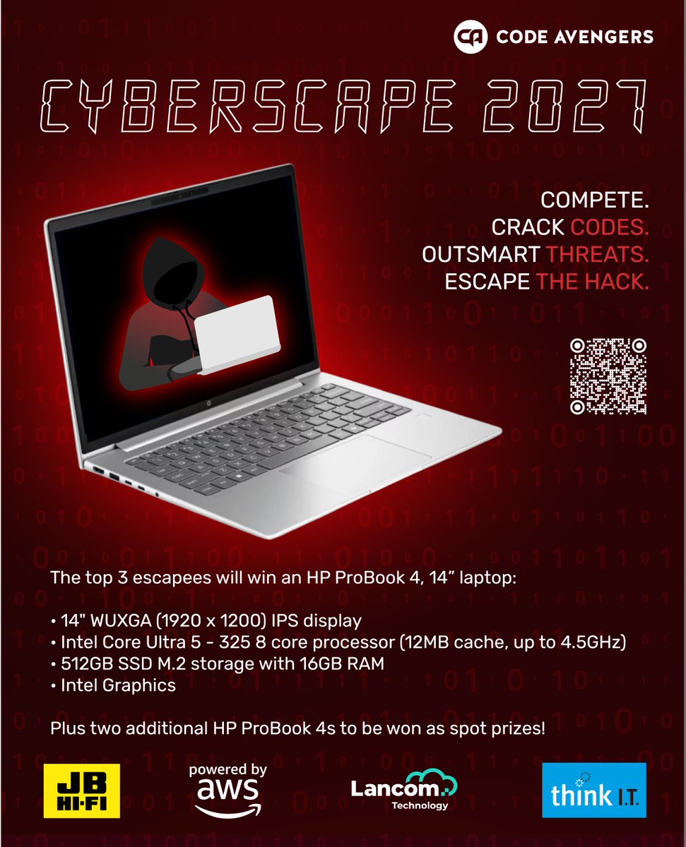 CodeAvengers's tweet photo. 💻 Five HP ProBook 4 laptops are up for grabs in #Cyberscape2027!

🏆 Three for the fastest eligible participants  
🎁 Two spot prizes for eligible participants who finish

Schools can register up to 30 students for free to Cyberscape!

https://t.co/4Yuv4sEvjt https://t.co/qOBuTCs2VA