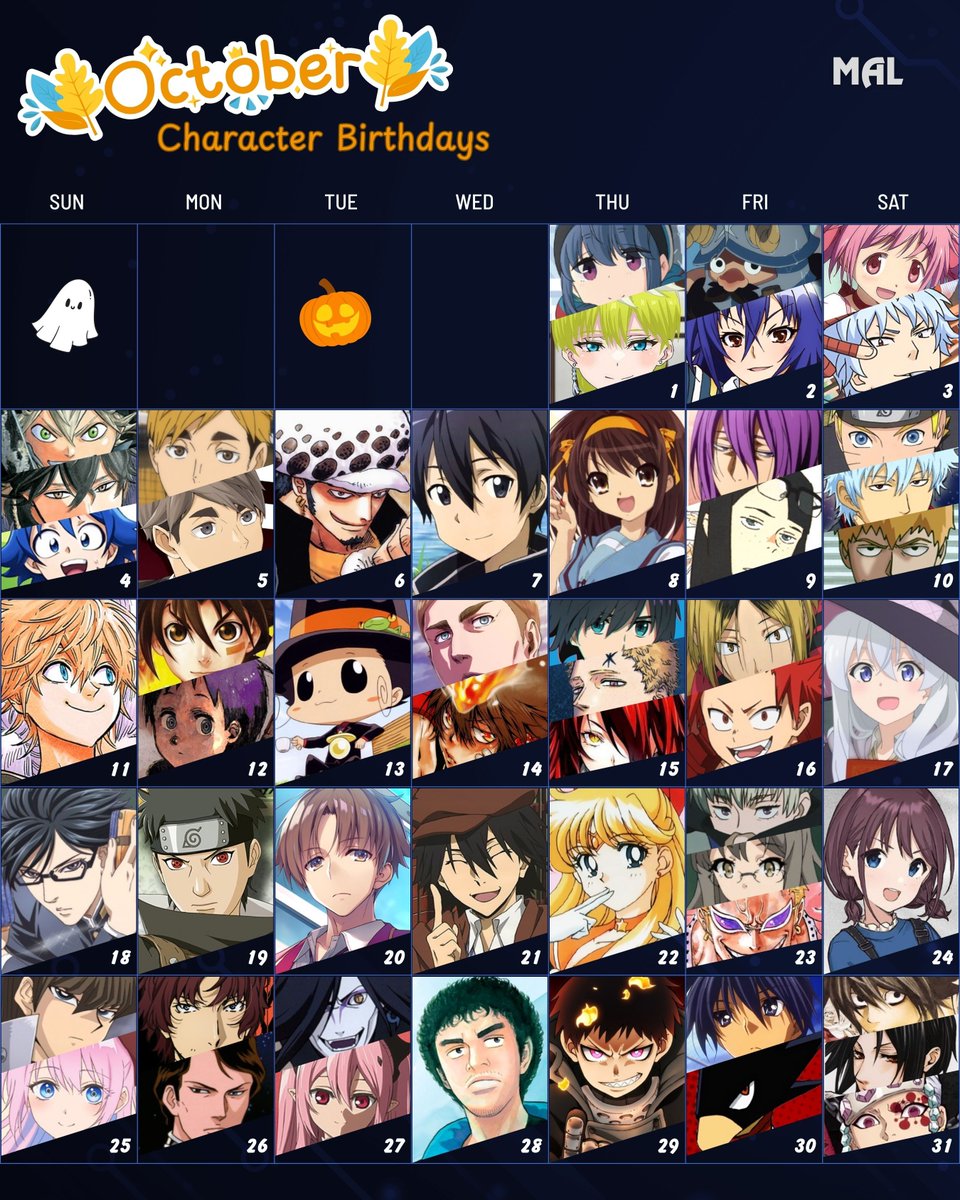 myanimelist's tweet photo. Happy birthday to these anime characters born in October! 🎉 🎃 https://t.co/qAIR3iFp11