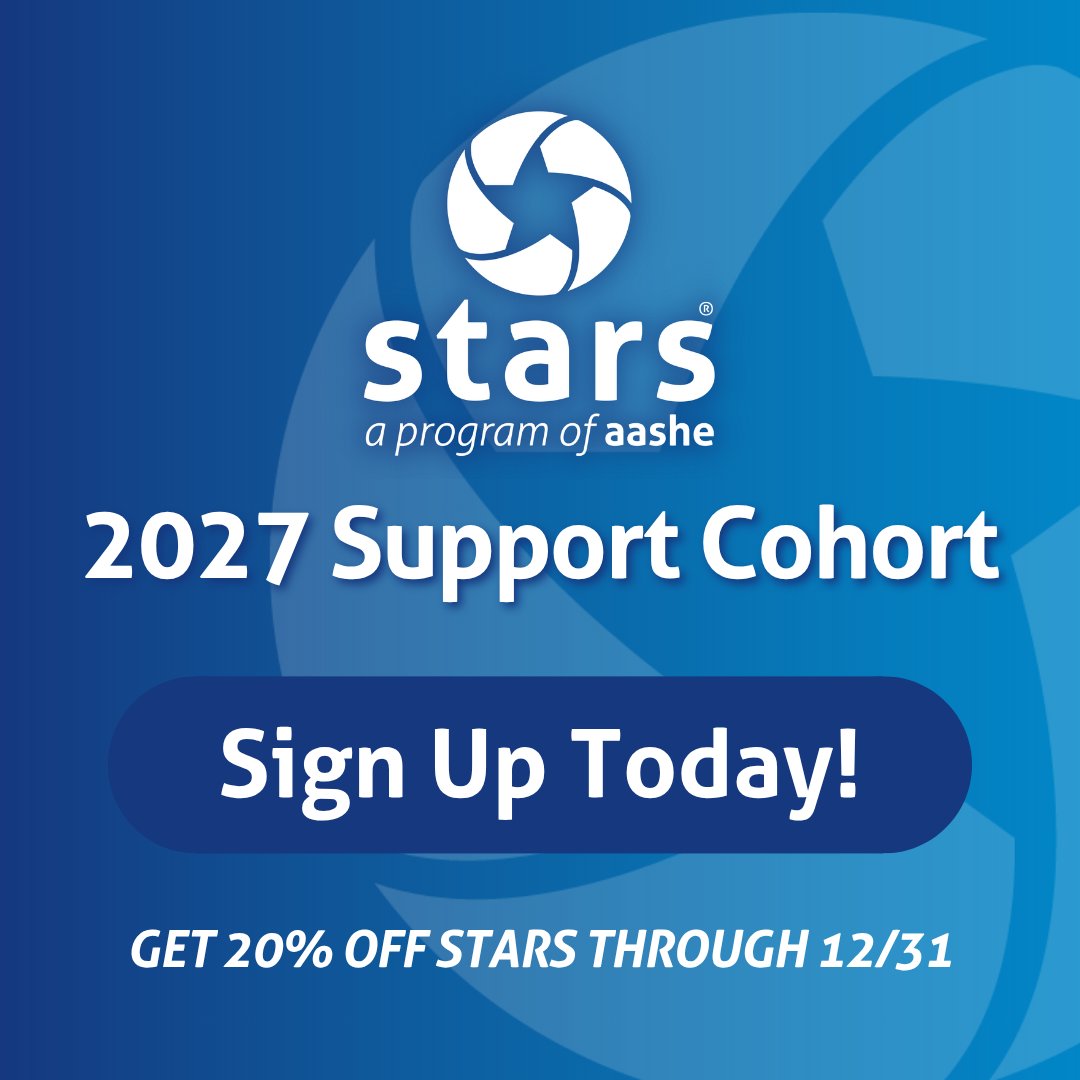 AASHENews's tweet photo. ๐ Get ready for STARS in 2027!
Join the 2027 STARS Support Cohort for year-long training, AASHE guidance + peer support with STARS 3.0 and the new 3.1 framework.
Plus, new STARS subscriptions are 20% off through Dec. 31!
๐ https://t.co/lEyLthHulD
#AASHE #AASHESTARS https://t.co/6mXqIiMB6Y