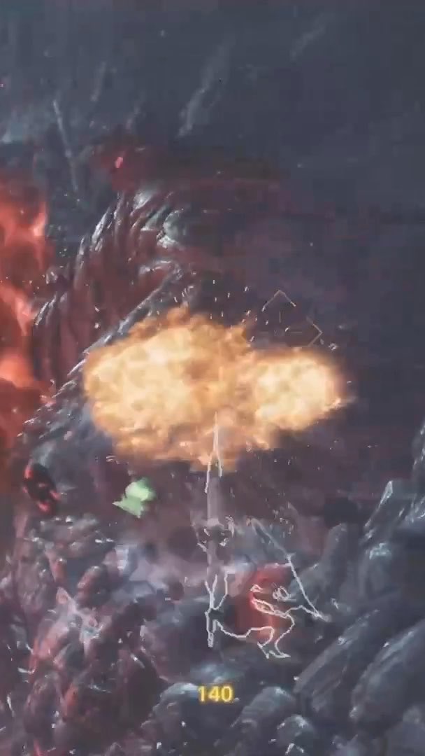 A dark, chaotic scene shows two large orange explosions or fiery portals within a jagged, rocky cavern, with a faint, glowing figure and the number '140' visible near the bottom.