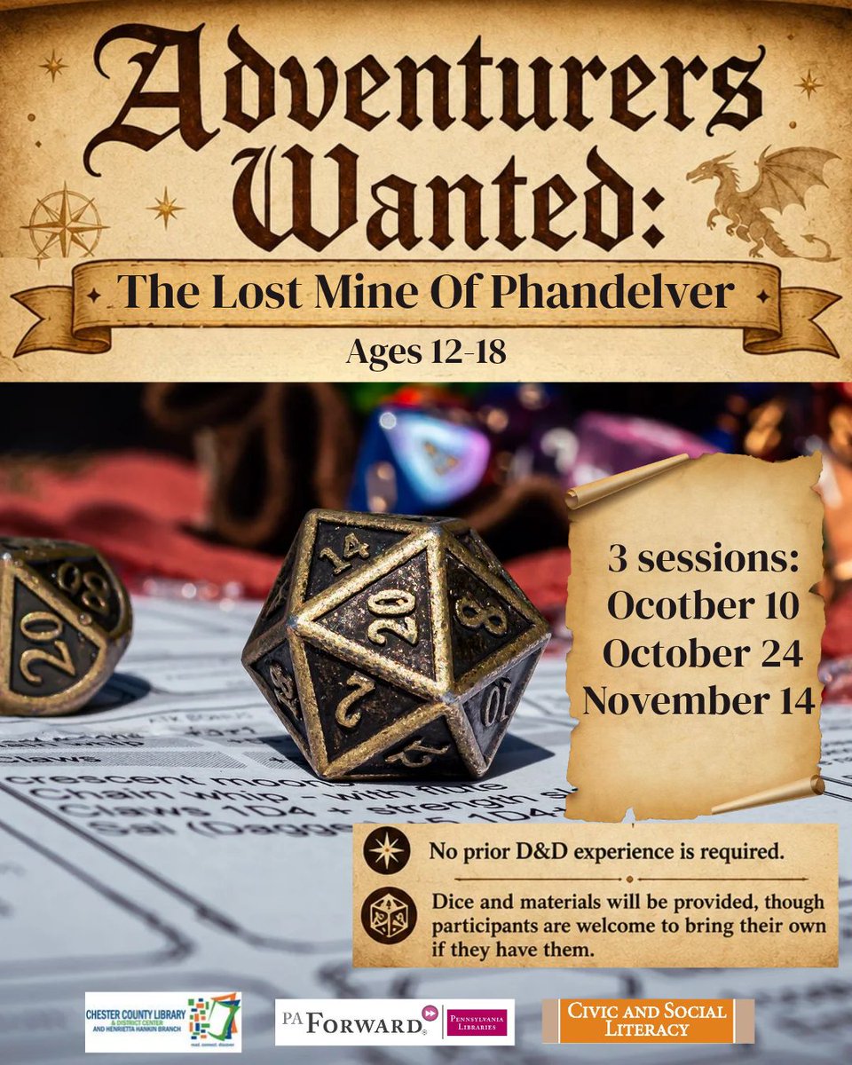 HankinLibrary's tweet photo. Join us for The Lost Mine of Phandelver, a Dungeons &amp; Dragons adventure! For ages 12-18. No previous D&amp;D experience is required. 
This is part of a 3-part series meeting Oct. 10, Oct. 24, &amp; Nov. 14.  Register here: https://t.co/Ocl7su7yha https://t.co/MRUqQcij4i
