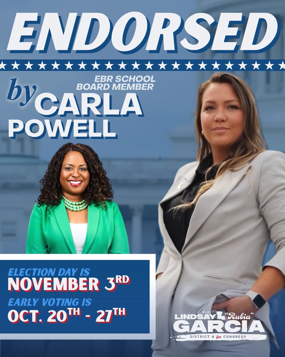 rubiaforla's tweet photo. So honored to officially have the endorsement of Carla Powell, East Baton Rouge school board member and a fighter for our kids!  Carla has spent years standing up for students and families in this community, and now she's standing with us as we take this fight all the way to DC. https://t.co/8DxtzNBq6x
