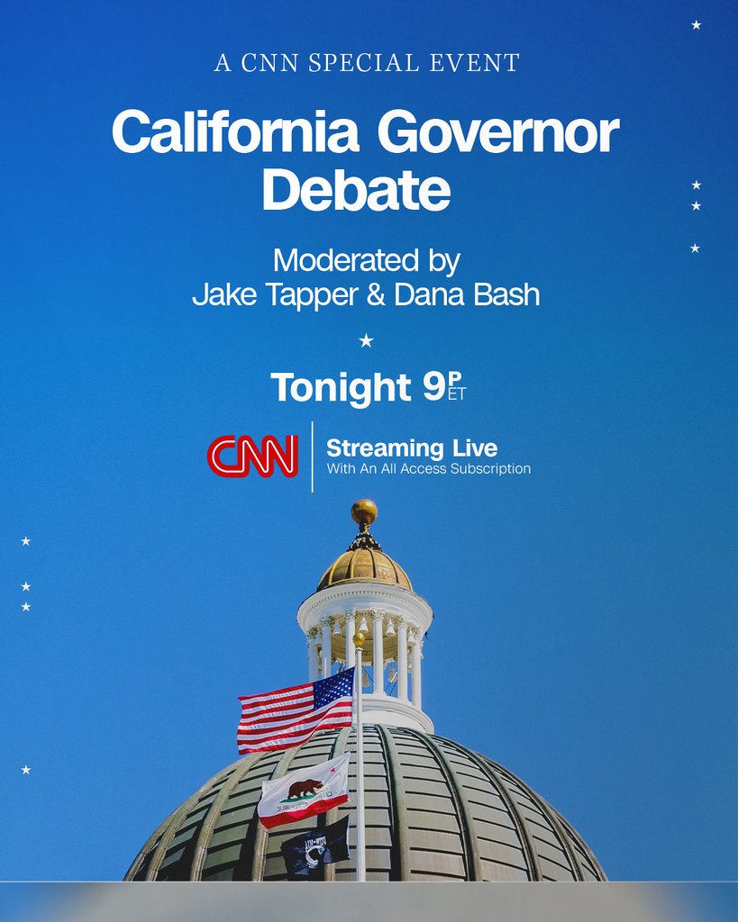 CNNPR's tweet photo. TONIGHT: Don’t miss CNN’s California Governor Debate between Xavier Becerra and Steve Hilton moderated by CNN's @JakeTapper and @DanaBashCNN at 9pmET/6pmPT on @CNN, @CNNi, @CNNEE, CNN apps, https://t.co/TfbFzvtXfb and streaming for subscribers. https://t.co/5I4AOBeMQN