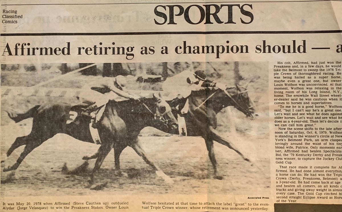 HighPrairieFarm's tweet photo. OTD Oct. 22, 1979. Affirmed Retires. Two weeks after beating '79 Kentucky Derby winner Spectacular Bid in Jockey Club Gold Cup at Belmont Park, '78 Derby (&amp; Triple Crown) winner Affirmed retires w/22 wins in 29 starts, 14 of 'em Grade 1. First thoroughbred to win over $2 million. https://t.co/BfM0cv1tAK