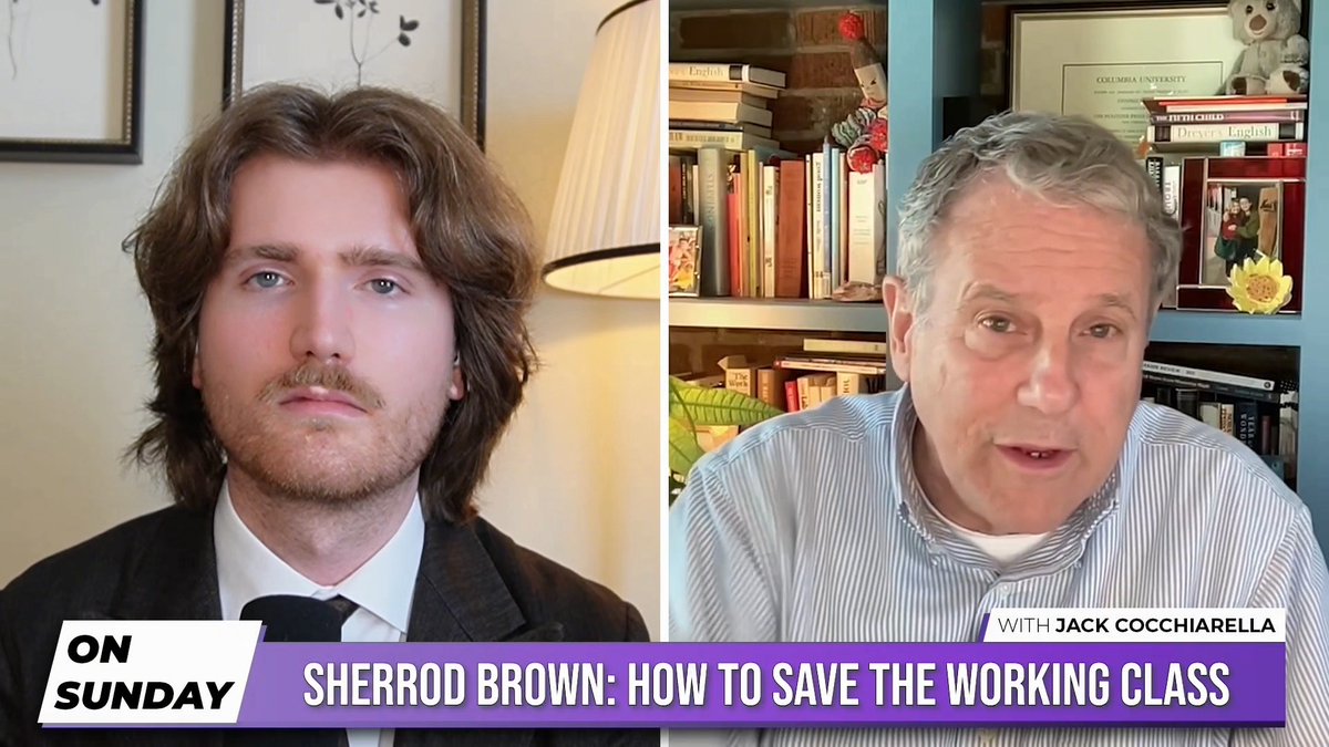 A split-screen interview from the "On Sunday" program with host Jack Cocchiarella, featuring Senator Sherrod Brown, with the headline "Sherrod Brown: How to Save the Working Class." The post's reference to "Jon Husted is the data center guy" likely contextualizes the discussion between Brown and Cocchiarella about Ohio politics and working-class economic issues, possibly contrasting Husted's tech/infrastructure focus with Brown's labor advocacy.