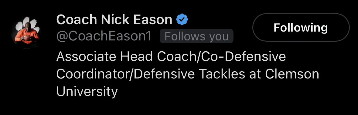 AndrewLance21's tweet photo. We just joined X a few days ago, and the support has already been incredible! Truly grateful to have Clemson Coach @CoachEason1 following and supporting Andrew’s journey. We’re just getting started keep working, stay humble, and trust the process! 🏈🙏🏾

#ClassOf2031 #FootballRecruiting #Clemson #RB #DB #KeepWorking