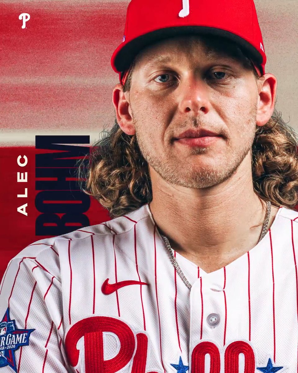 A stylized portrait of Philadelphia Phillies player Alec Bohm in his home pinstripe jersey, with text overlay reading "ALEC BOHM" and an "All-Star Game 2026" logo, promoting him as a "big time" Phillies star.