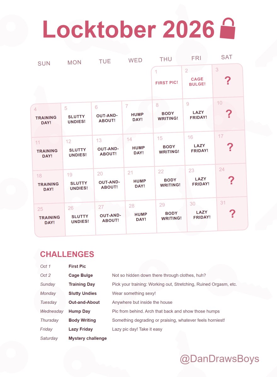 dan_draws_boys's tweet photo. So I apparently have a take on a semi-casual Locktober challenge calendar ! Flexible themes that you can make as simple or over-the-top as you like. Repeating challenges on most weekdays, and special mystery challenges to be revealed each Saturday morning 👀

Check my b10 to join in on the fun ! 😈