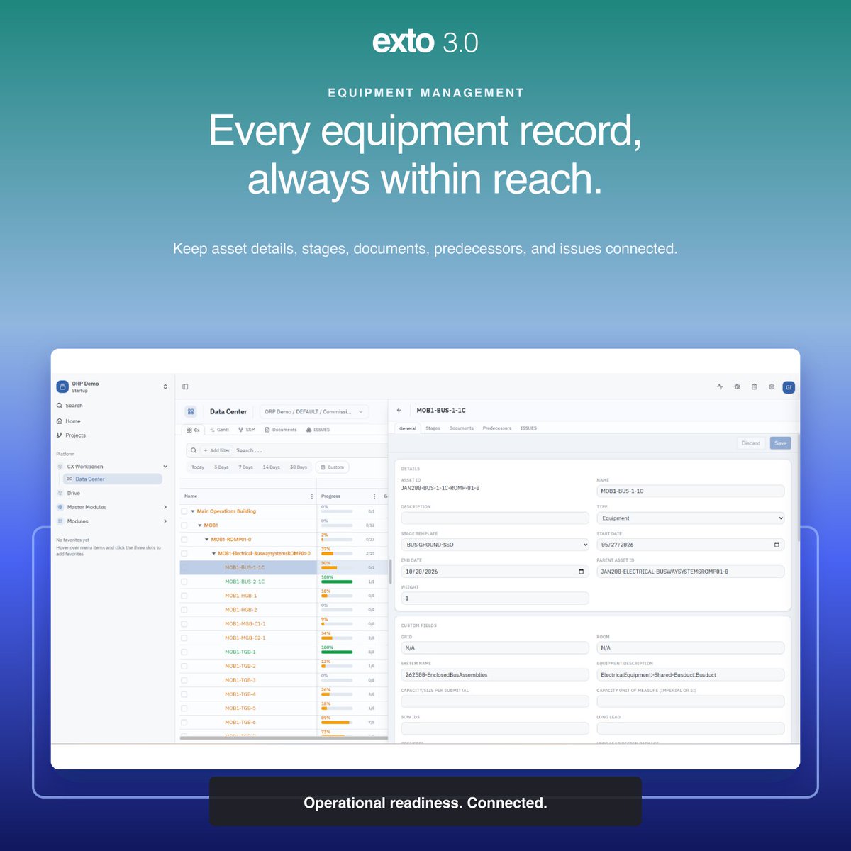Exto360's tweet photo. Every asset, every specification, every commissioning step, every service history, in one system of record. The equipment list stops being a spreadsheet an integrator emailed at pre-mobilization.

One record. Cradle to handover, and beyond. https://t.co/5ryUNoXmP3